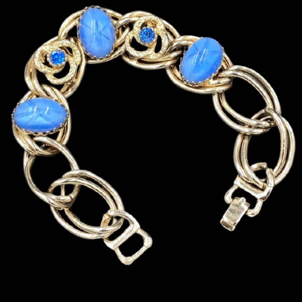 Vintage Czech Blue Star Satin Glass Chunky Bracelet